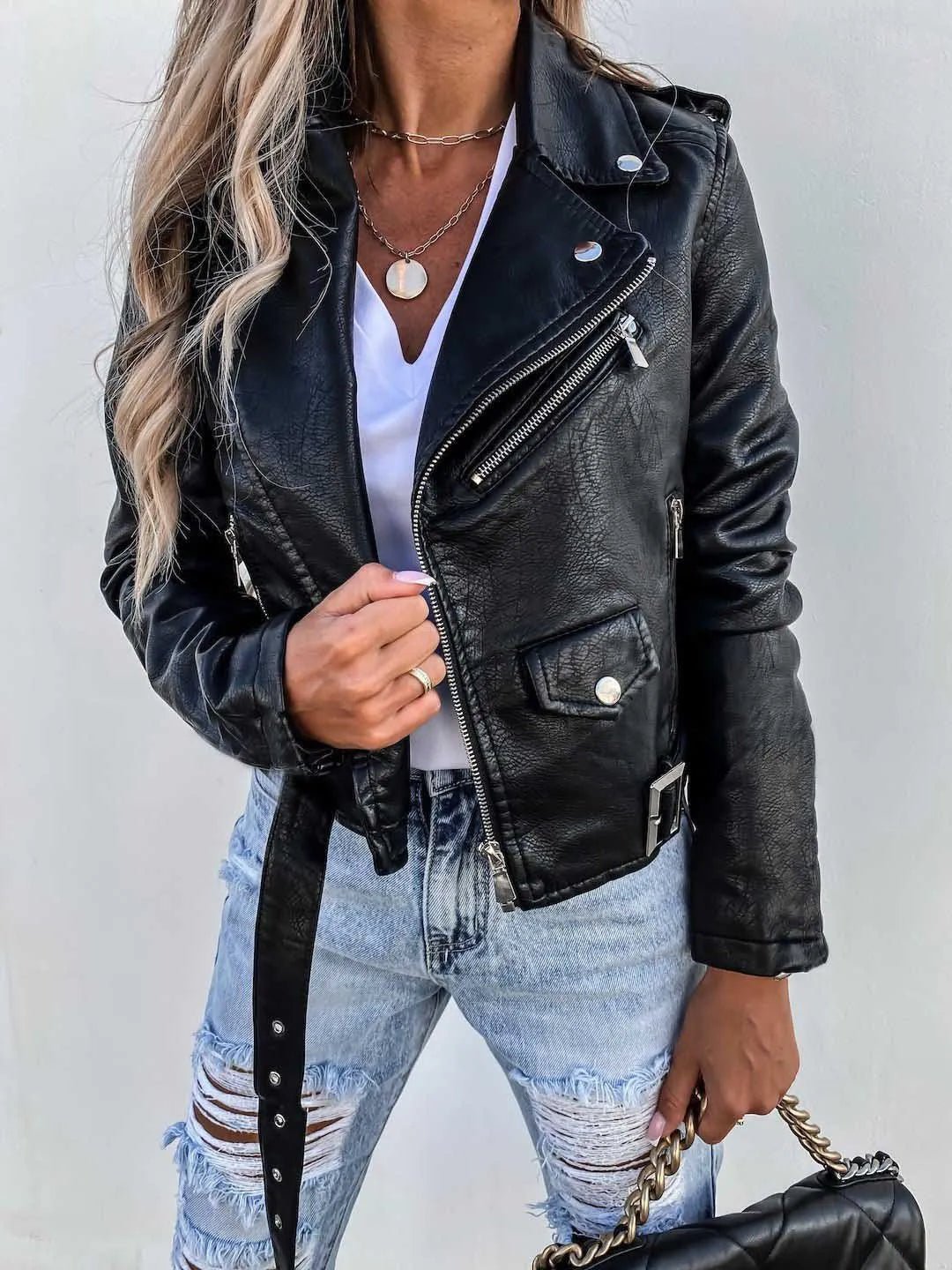 Maxine Faux Leather Jacket in Black - worn by a model, front view