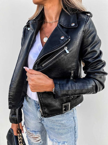 Maxine Faux Leather Jacket in Black - worn by a model, front view