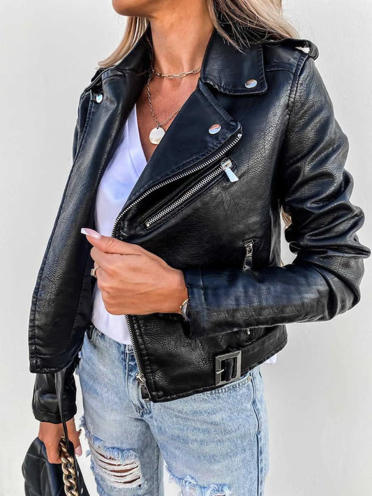 Maxine Faux Leather Jacket in Black - worn by a model, front view