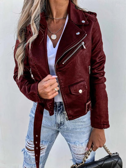 Maxine Faux Leather Jacket in Red - worn by a model, front view