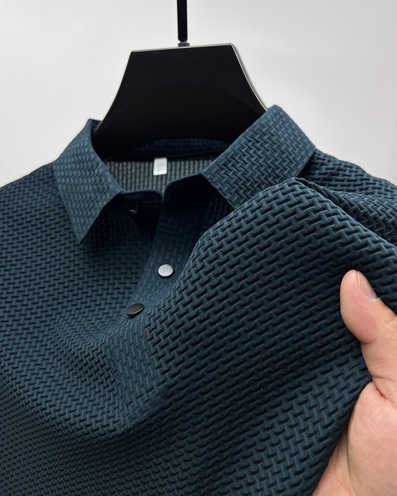 Blue breathable textured knit men polo shirt 1
