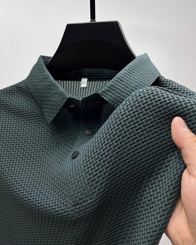 Green breathable textured knit men polo shirt 2