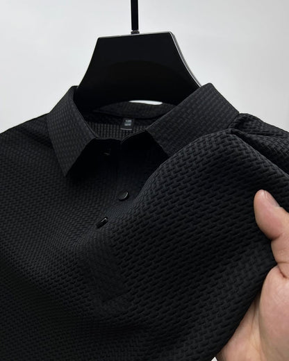 Black breathable textured knit men polo shirt 4