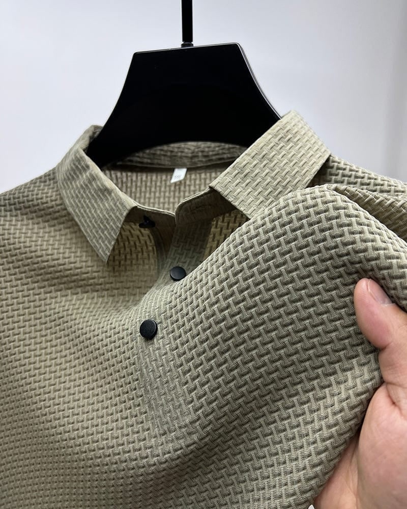 Khaki breathable textured knit men polo shirt 5