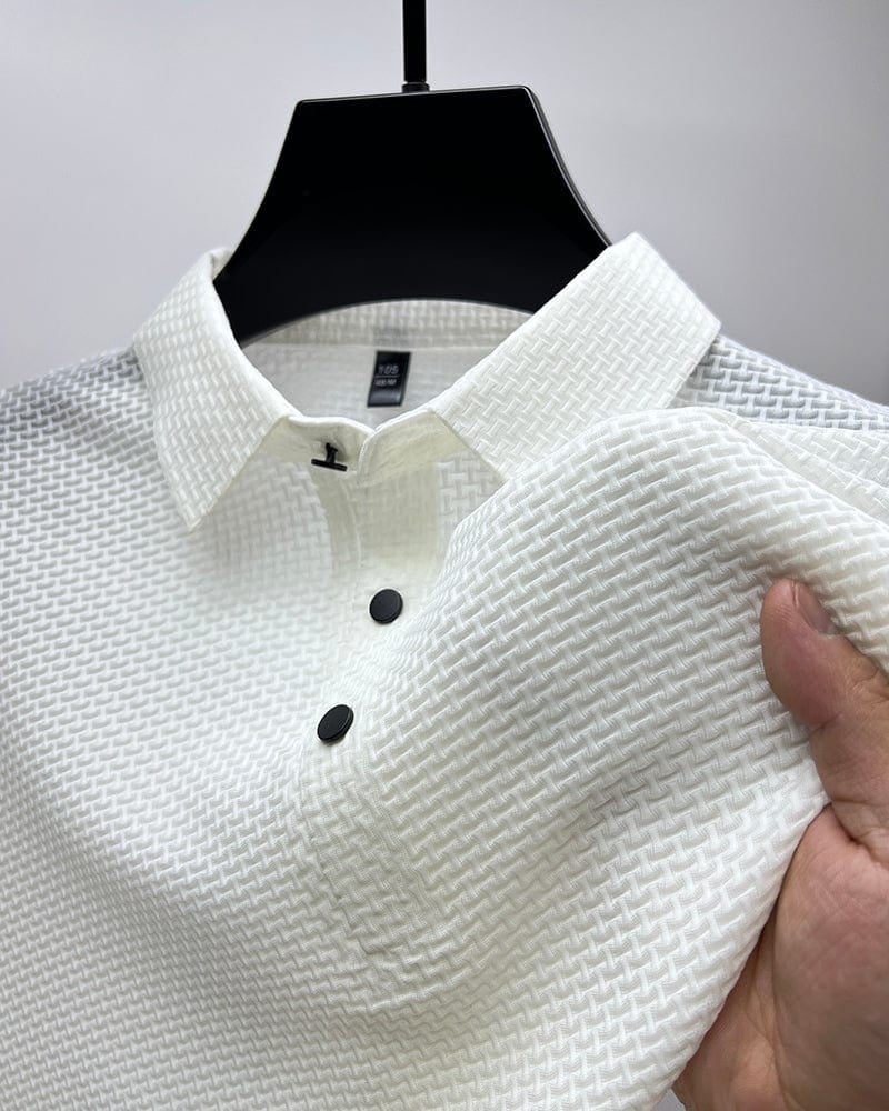 White breathable textured knit men polo shirt 6