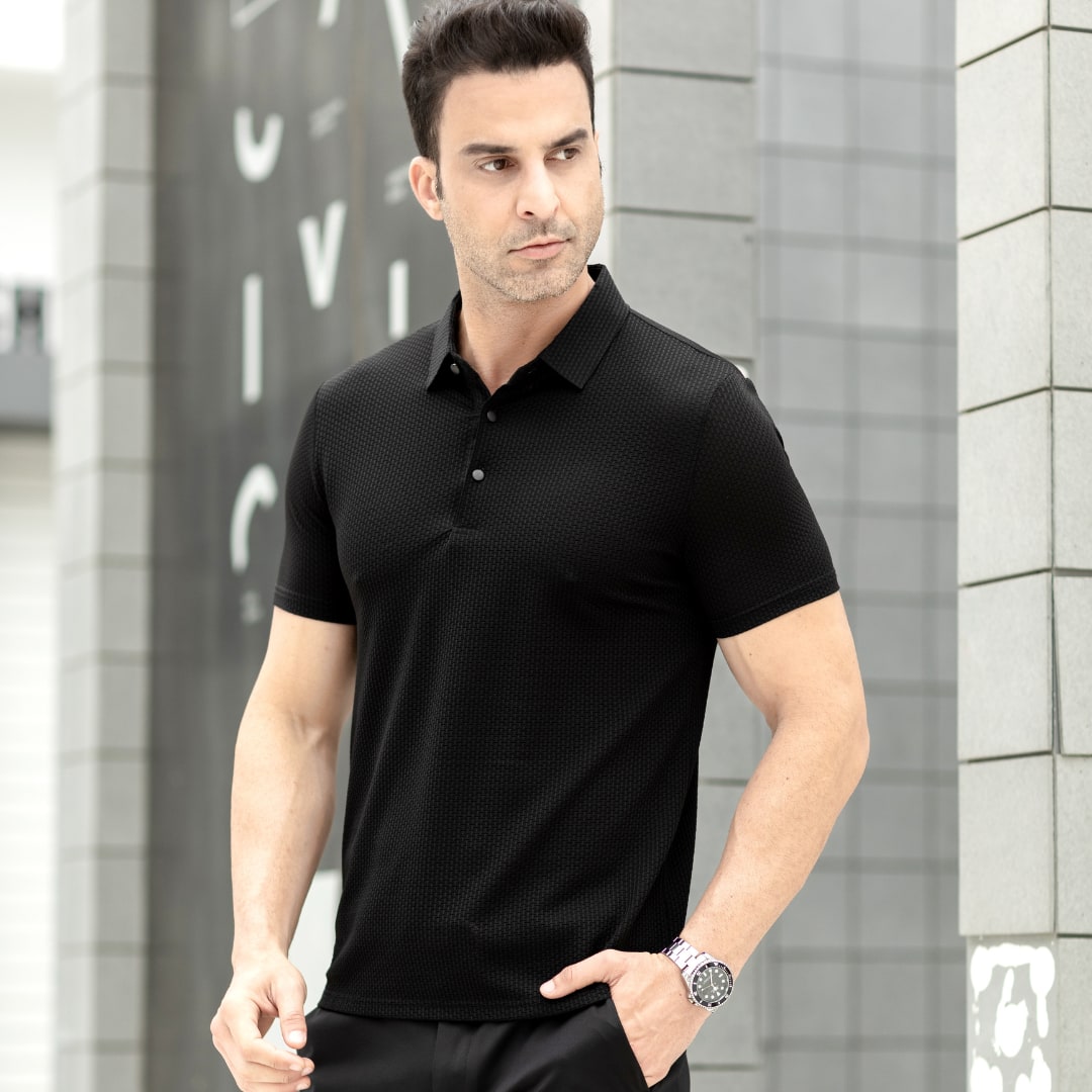 Man wearing a black men polo shirt 7