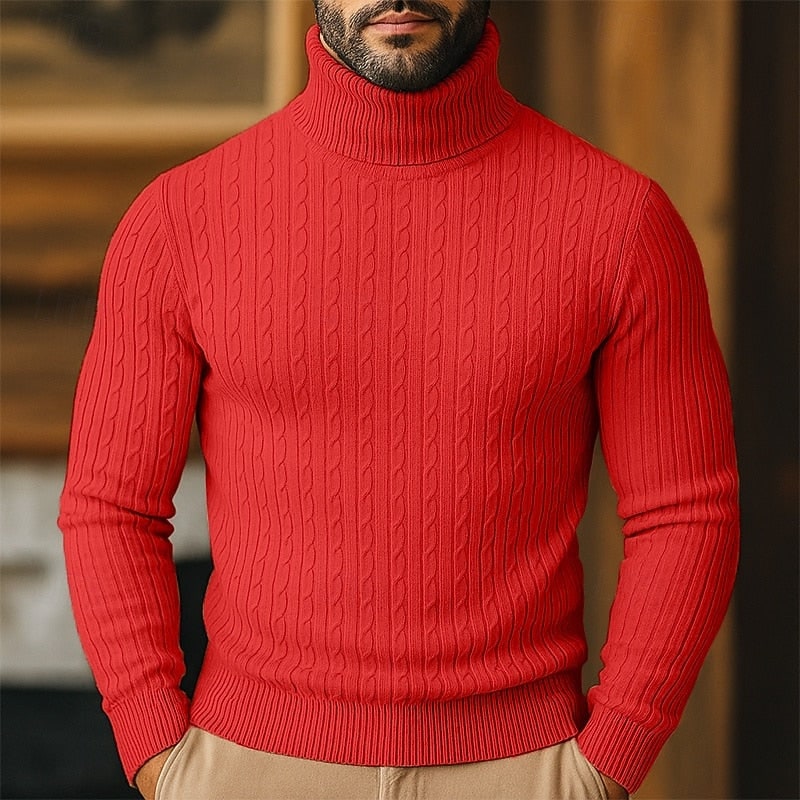 Men's Cable Knit Turtleneck Sweater, Slim Winter Pullover 5