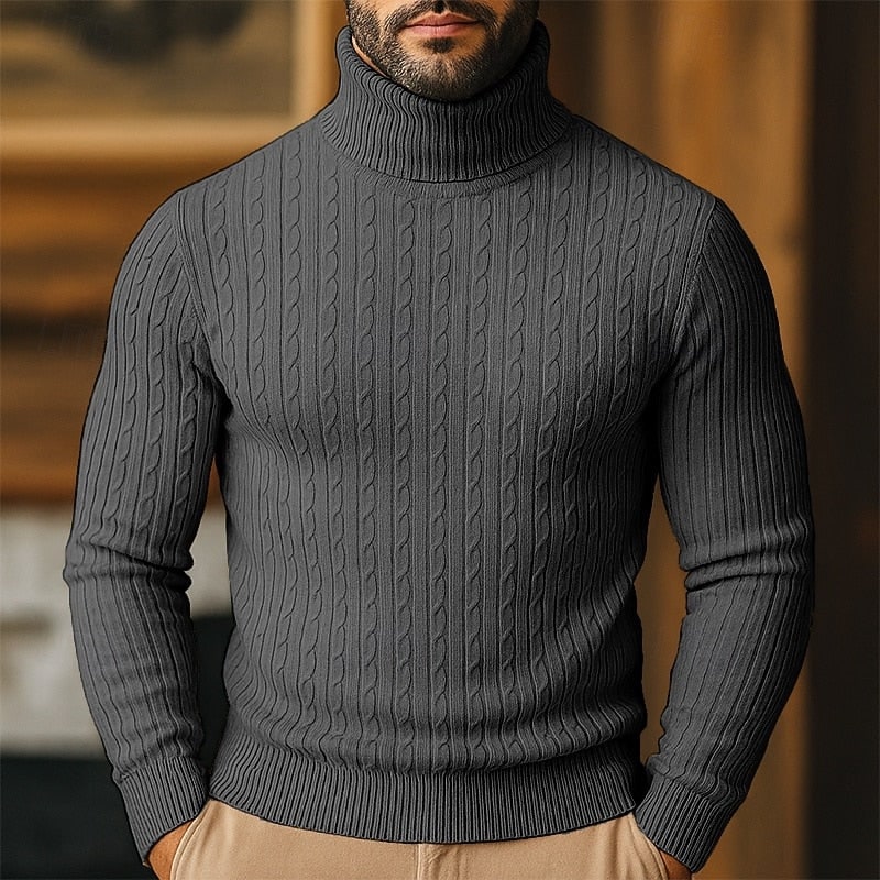Men's Cable Knit Turtleneck Sweater, Slim Winter Pullover 7
