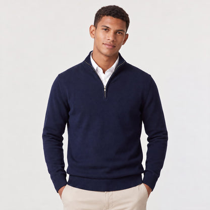 Blue mens quarter zip sweater with stand collar 1