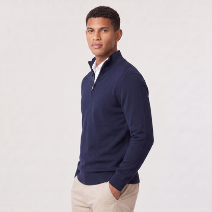 Blue mens quarter zip sweater with stand collar 2