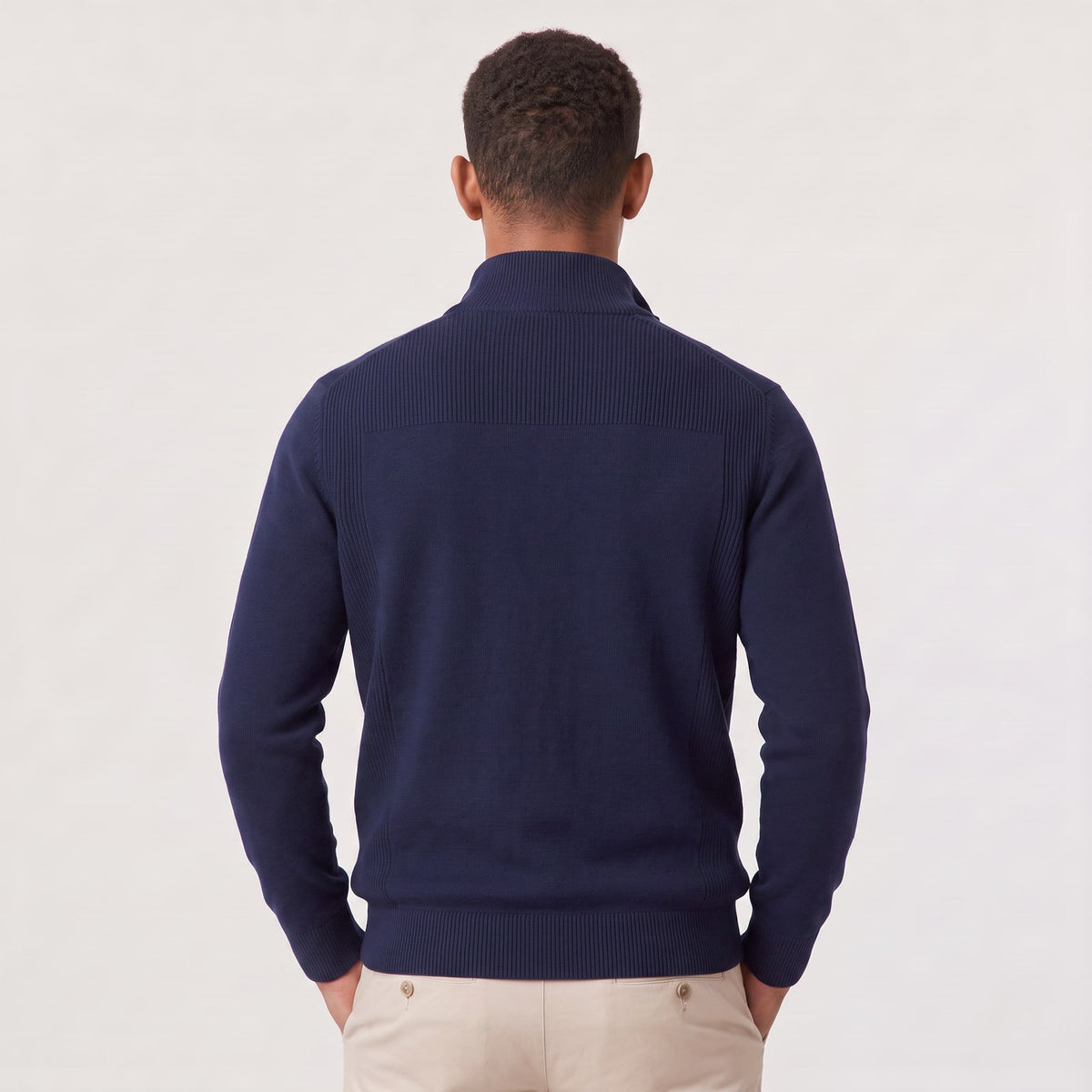 Blue mens quarter zip sweater with stand collar 3