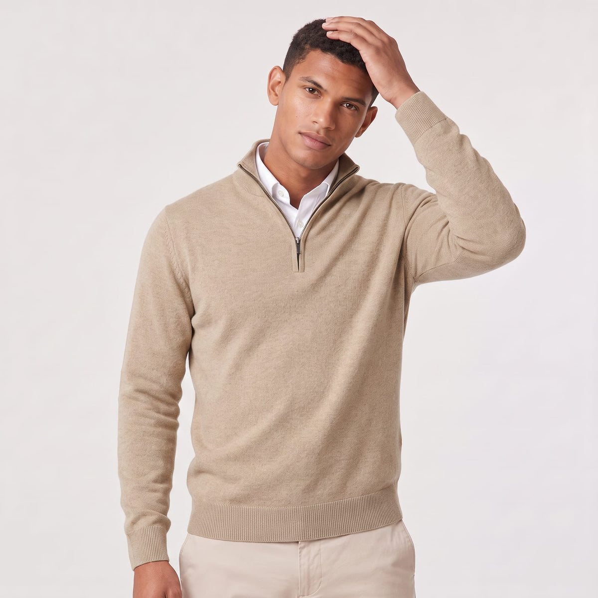 Beige mens quarter zip sweater with stand collar 5