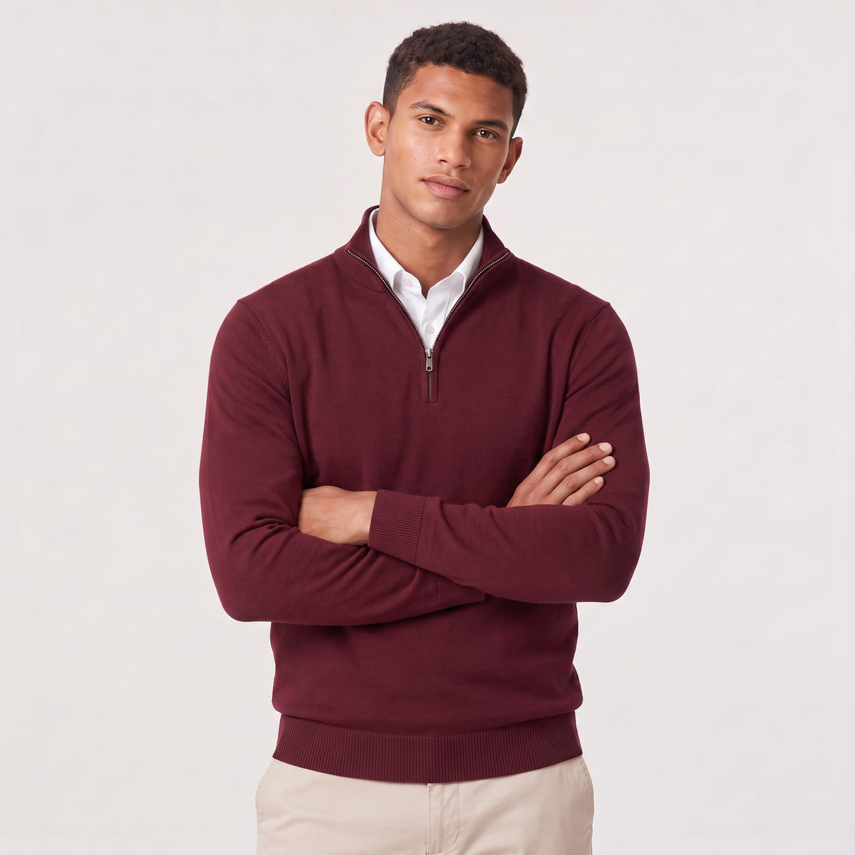 Burgundy mens quarter zip sweater with stand collar 6