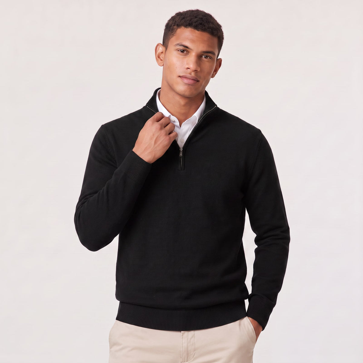 Black mens quarter zip sweater with stand collar 8