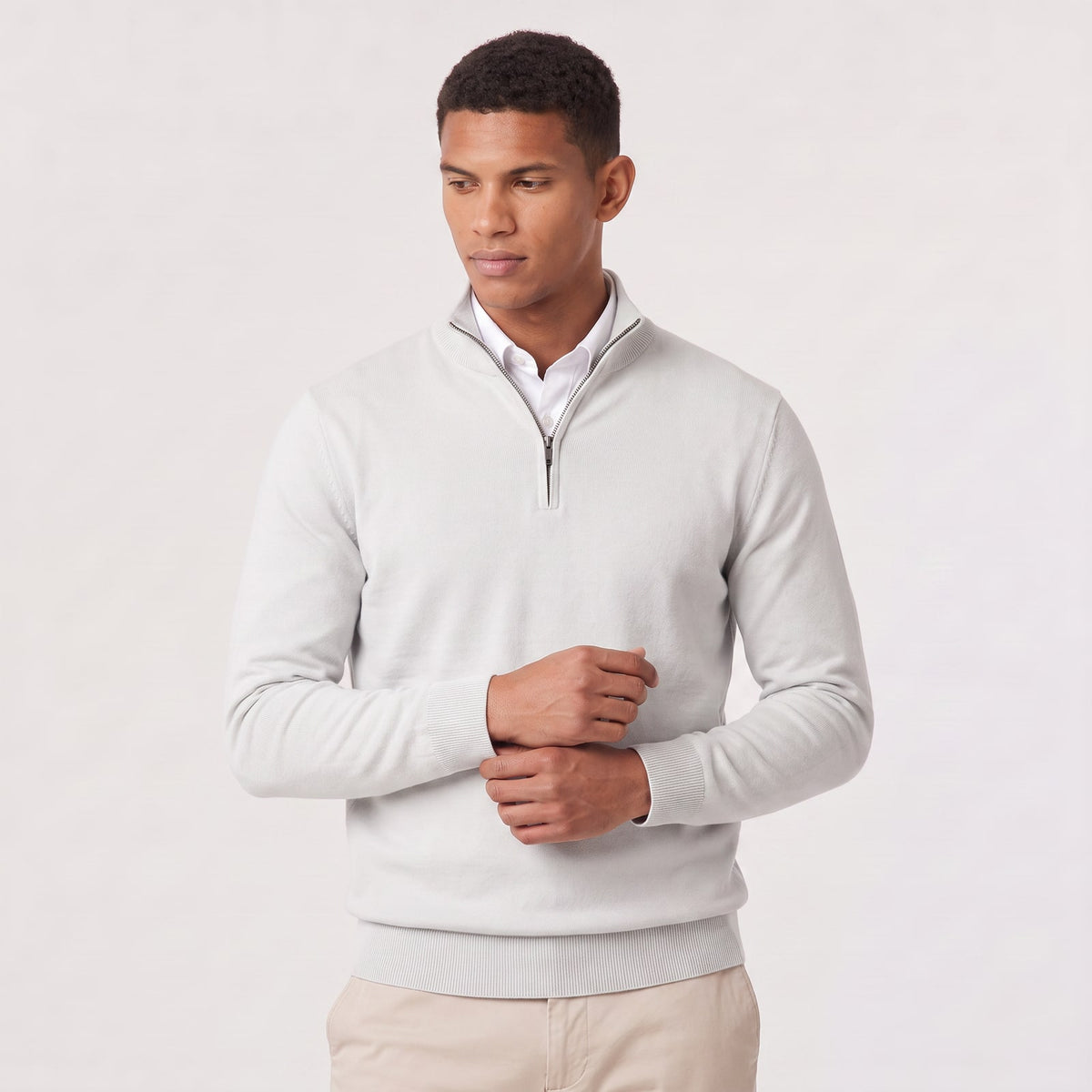 White mens quarter zip sweater with stand collar 9