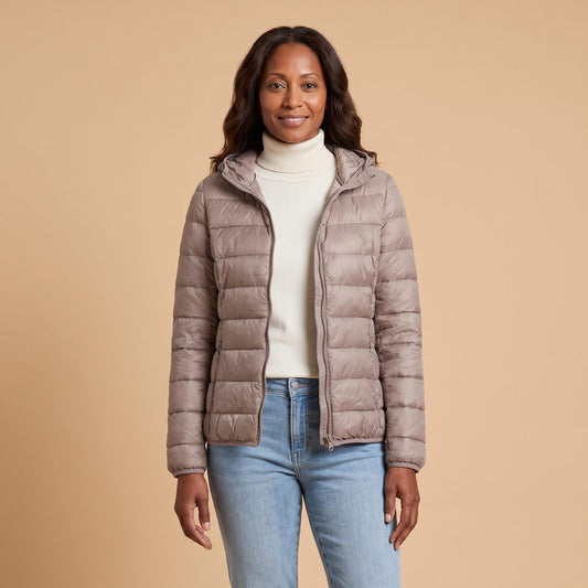 Mia Lightweight Quilted Puffer Jacket in Khaki (Hood) - front view