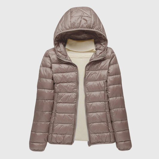 Mia Lightweight Quilted Puffer Jacket in Khaki (Hood) - flat product shot with the hood