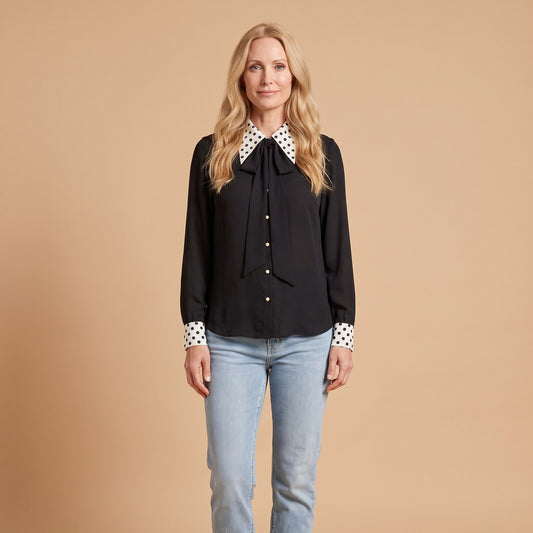 Mira Bow Blouse in Black - front view