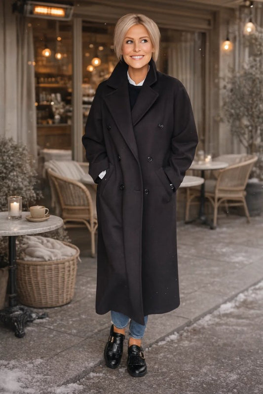 Nancy Coat in Black - worn by a model outdoors