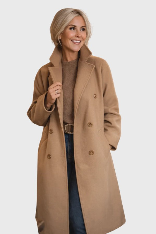 Nancy Coat in Camel - worn by a model, front view