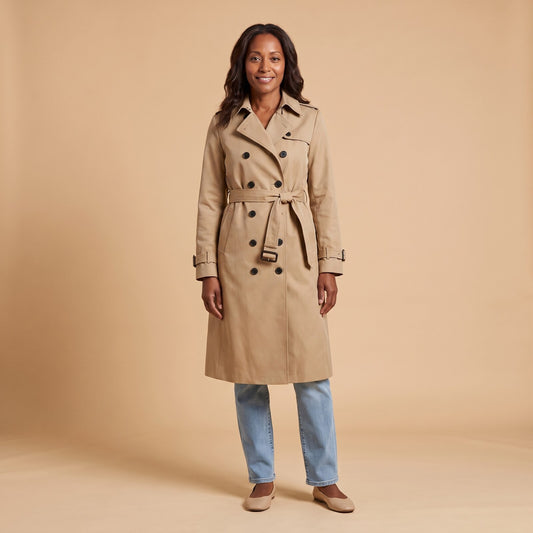 Nia Belted Double Breasted Trench in Beige - front view