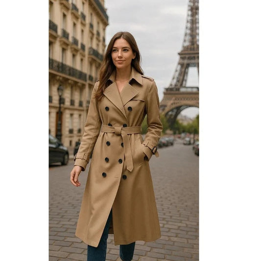 Nia Belted Double Breasted Trench in Beige - worn by a model outdoors