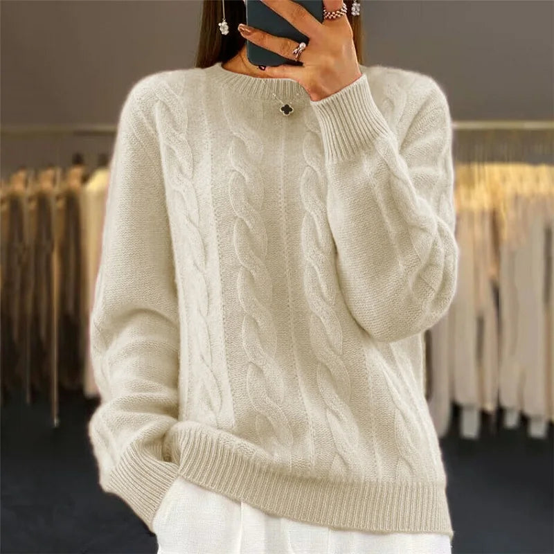 Nina Warm Cashmere Blend Sweater in beige - worn by a model, front view