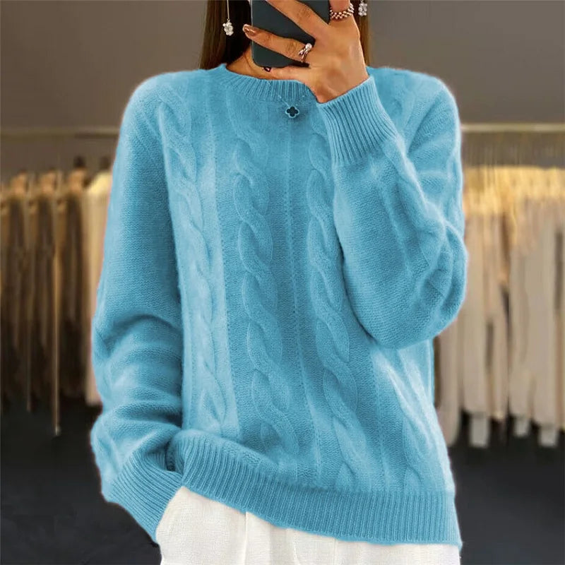 Nina Warm Cashmere Blend Sweater in blue - worn by a model, front view