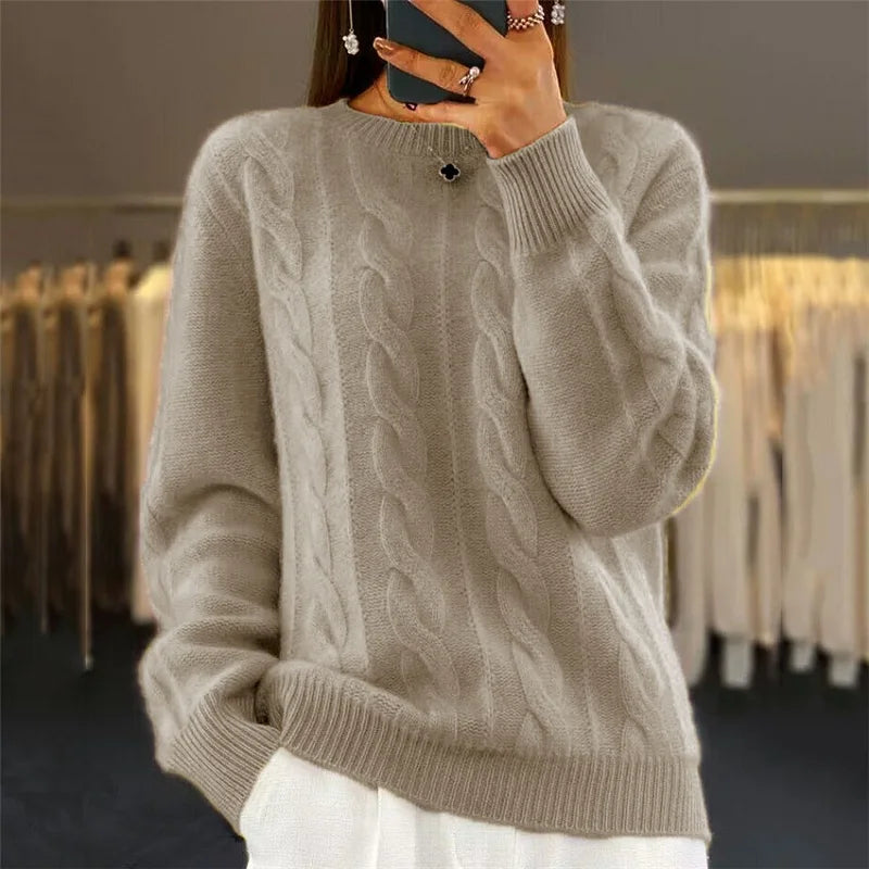 Nina Warm Cashmere Blend Sweater in khaki - worn by a model, front view