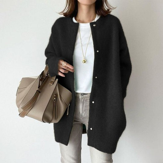 Noor Soft Knit Open Front Cardigan in Black - worn by a model, front view