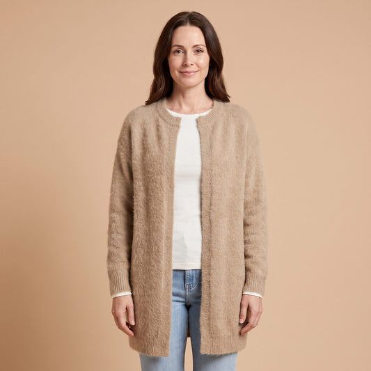 Noor Soft Knit Open Front Cardigan in Khaki - front view