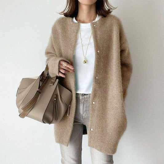 Noor Soft Knit Open Front Cardigan in Khaki - worn by a model, front view