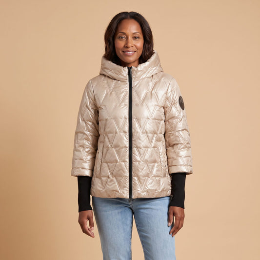 Olivia Stylish Quilted Puffer Jacket in Khaki - front view