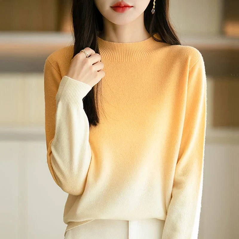 Ombre Mock Neck Sweater in Yellow - worn by a model, front view