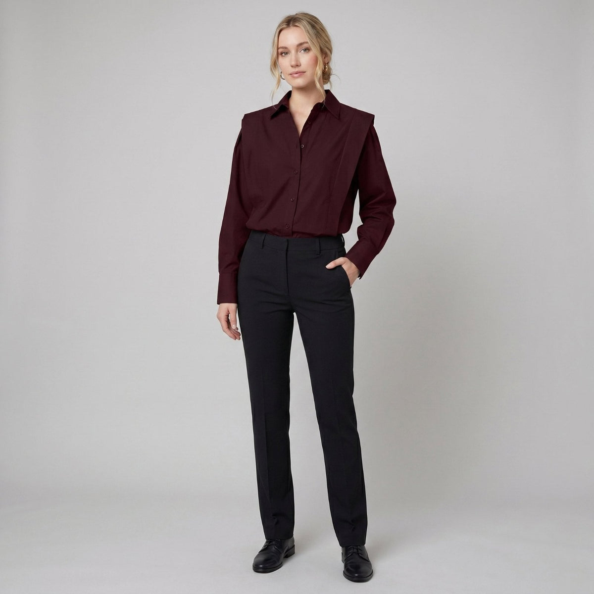 Ondine Button Down Shirt in Burgundy - worn by a model, front view