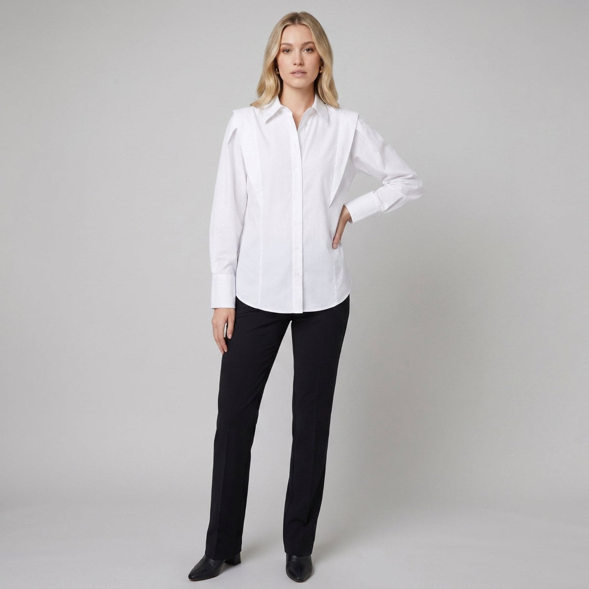 Ondine Button Down Shirt in White - worn by a model, front view