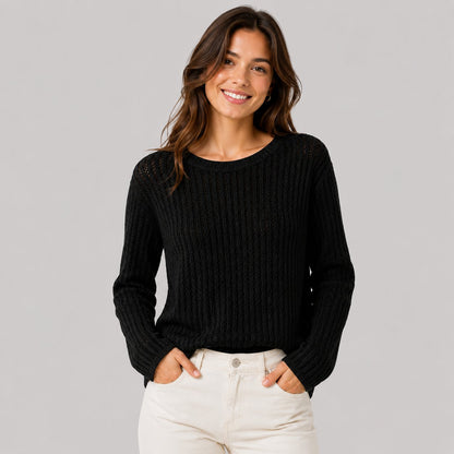 Open Knit Sweater in Black - worn by a model, front view