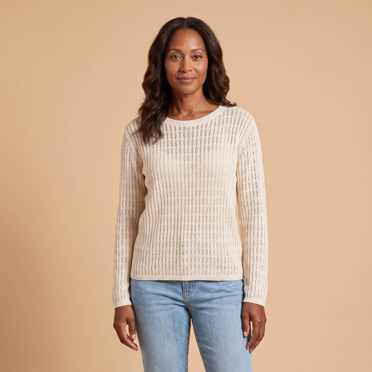 Open Knit Sweater in White - front view
