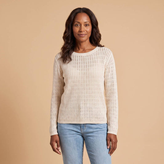 Open Knit Sweater in White - front view