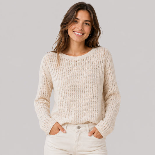 Open Knit Sweater in White - worn by a model, front view