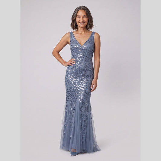 Oriana Sequin Fishtail Gown in Dusty Blue - worn by a model, front view