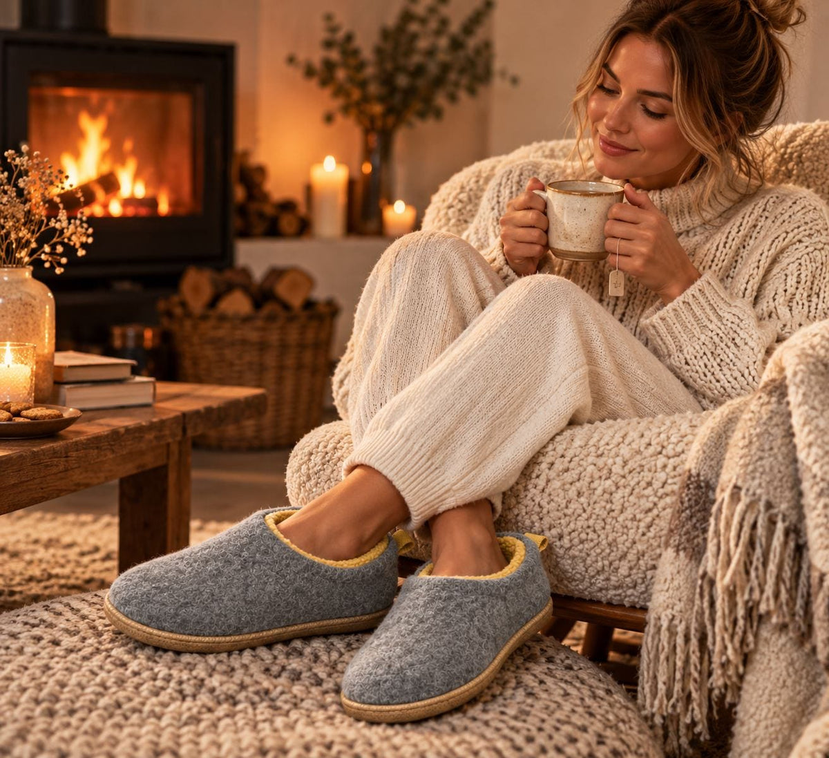 Grey slippers worn by the fireplace 7