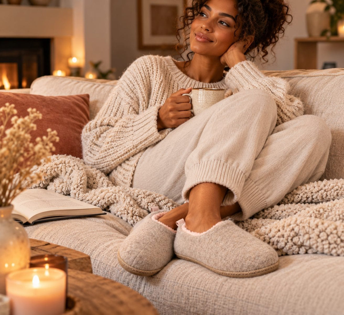 Beige slippers worn on the sofa under a blanket 8