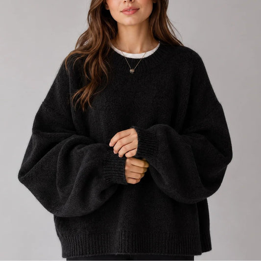 Oversized Balloon Sleeve Sweater with Crew Neck 1