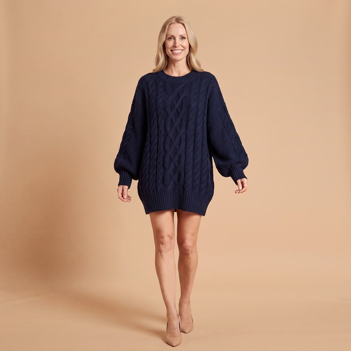 Oversized Cable Knit Sweater Dress with Balloon Sleeves 1