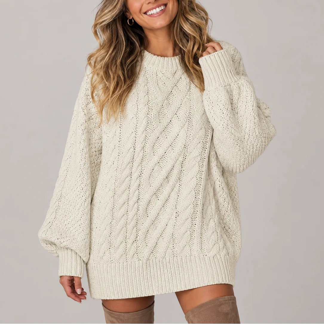 Oversized Cable Knit Sweater Dress with Balloon Sleeves 3