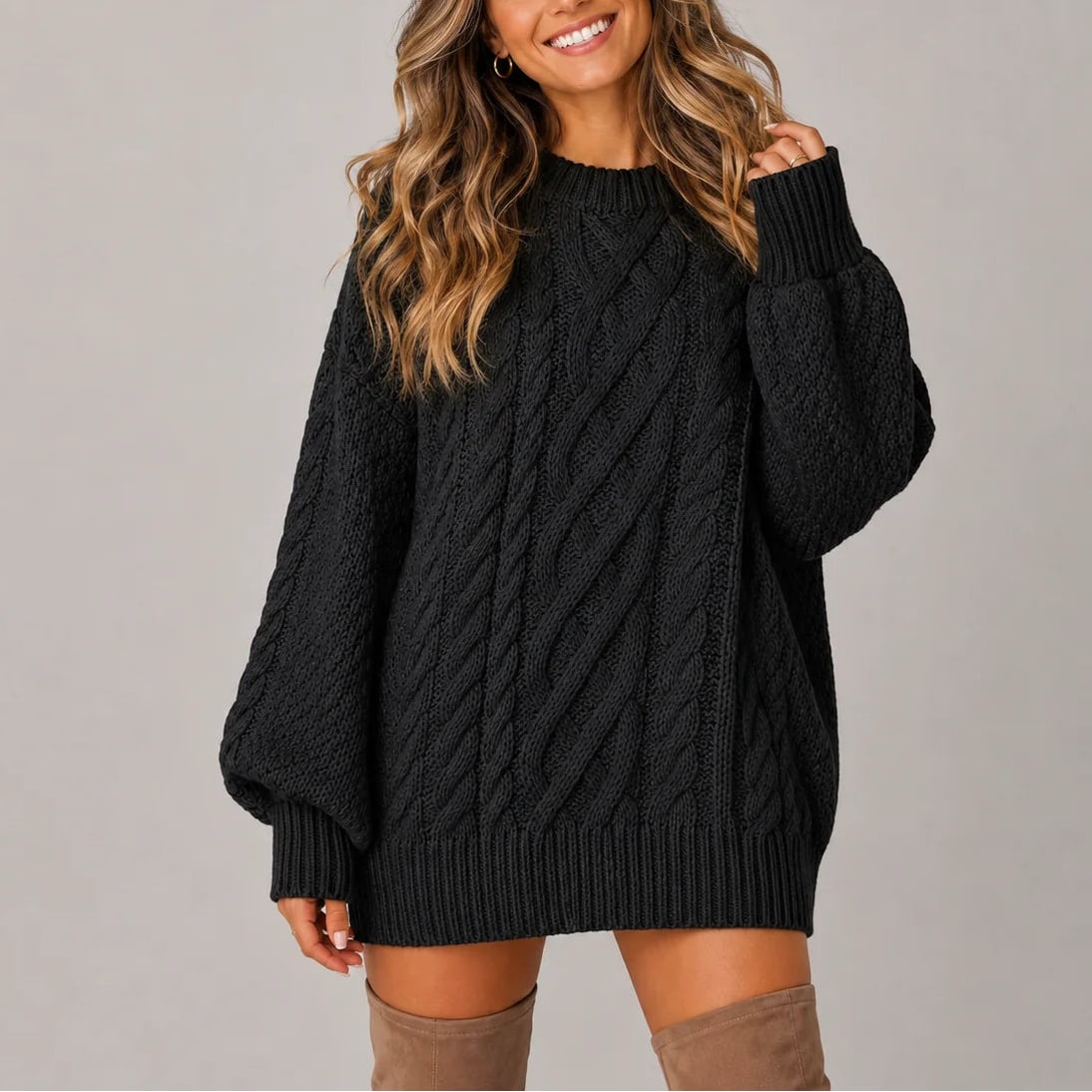 Oversized Cable Knit Sweater Dress with Balloon Sleeves 8