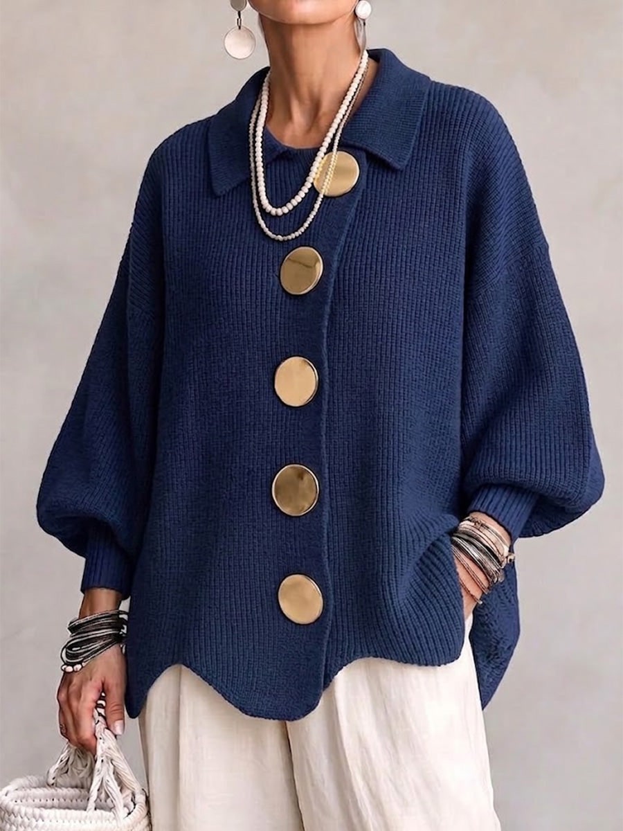 Navy oversized cardigan with gold buttons, front view 2