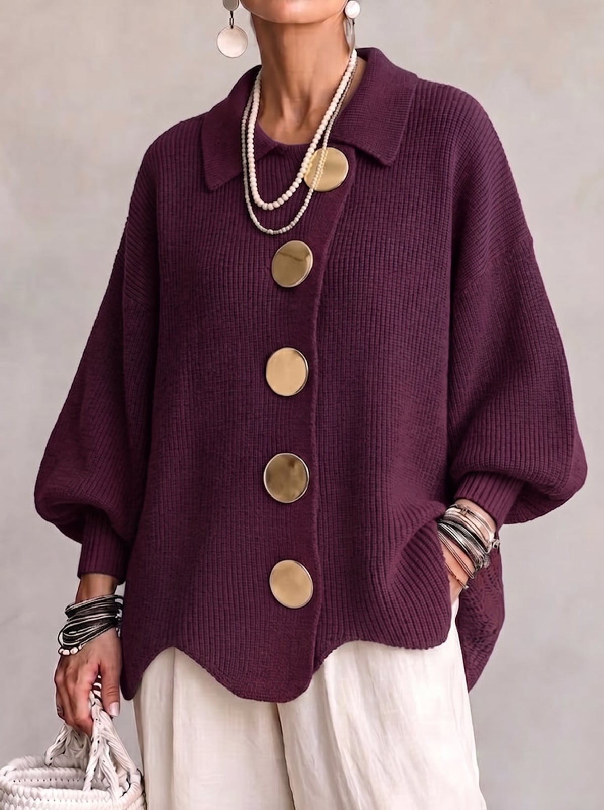 Burgundy oversized cardigan with gold buttons 4