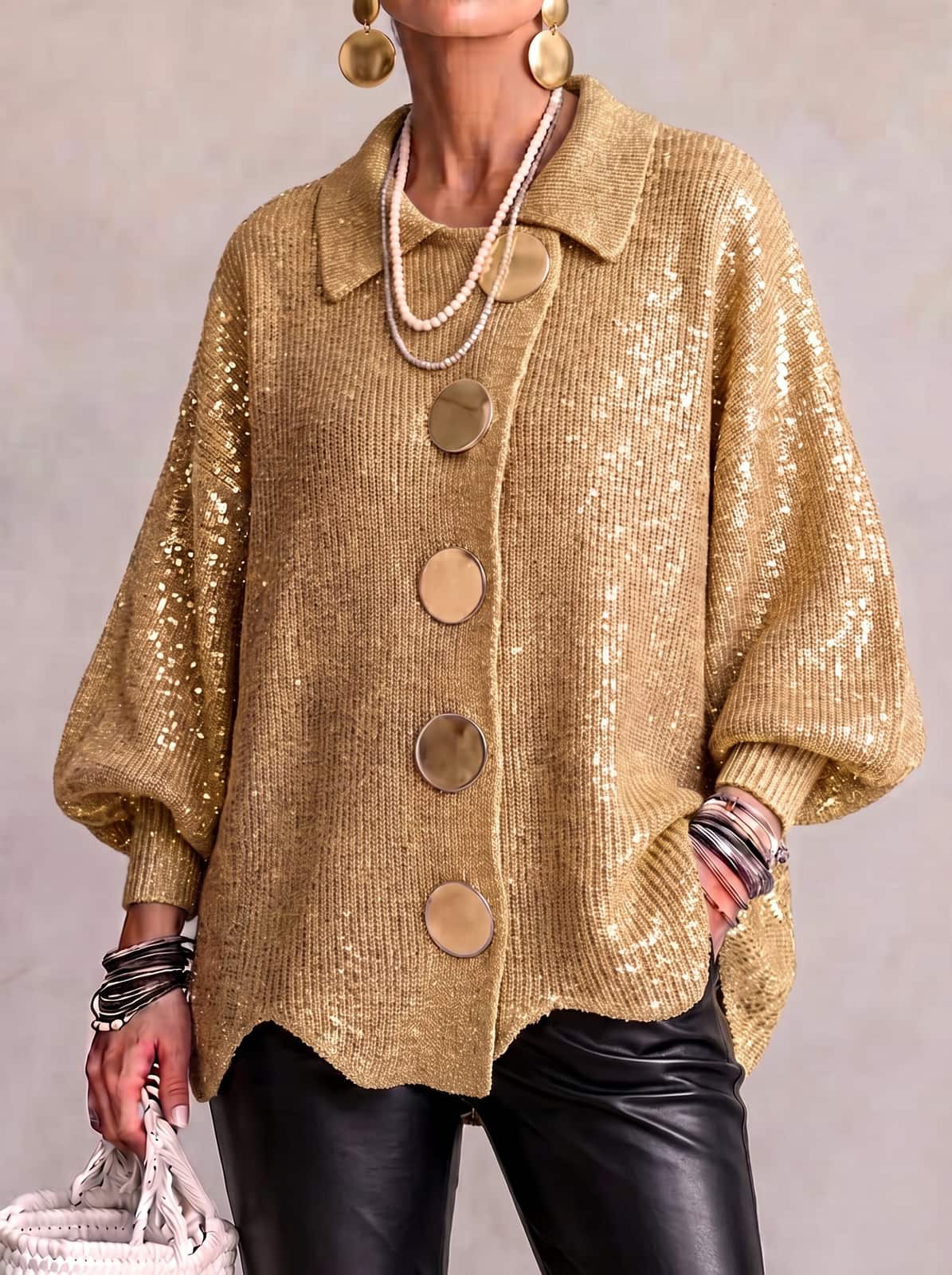 Gold sequin oversized cardigan with gold buttons 6